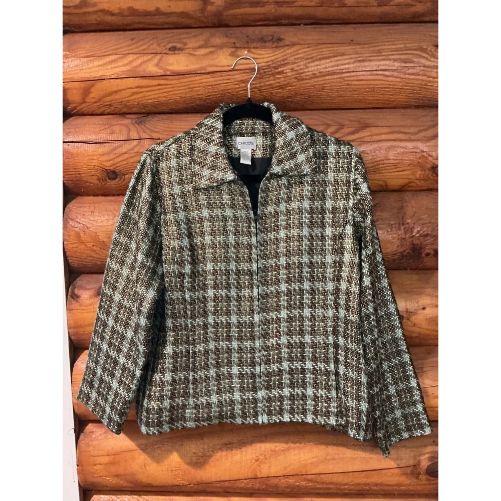 Chicos Metallic Tweed Zip Front Jacket Brown Blue Plaid Size 1 M Professional